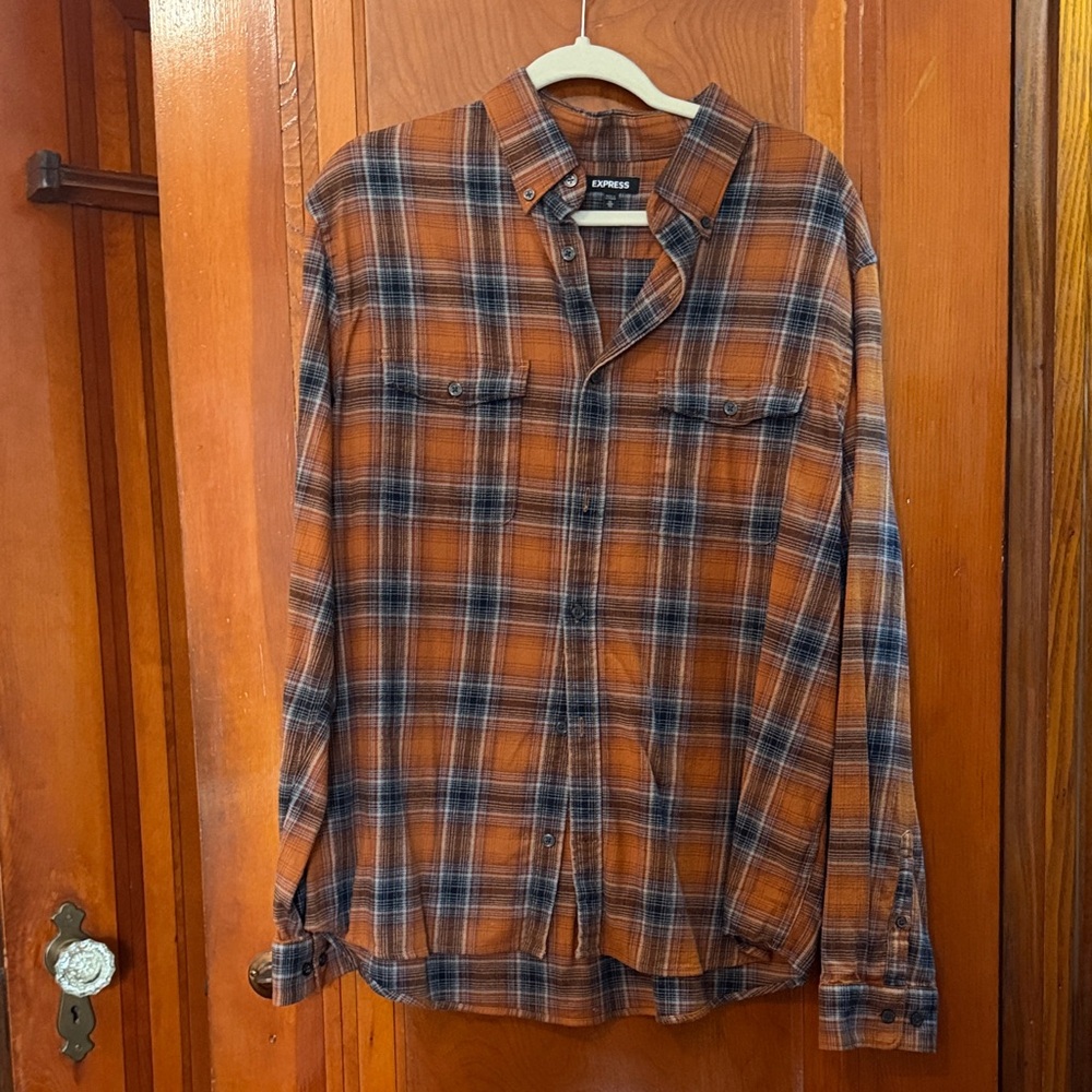 Express Men's Rust and Navy Plaid Shirt